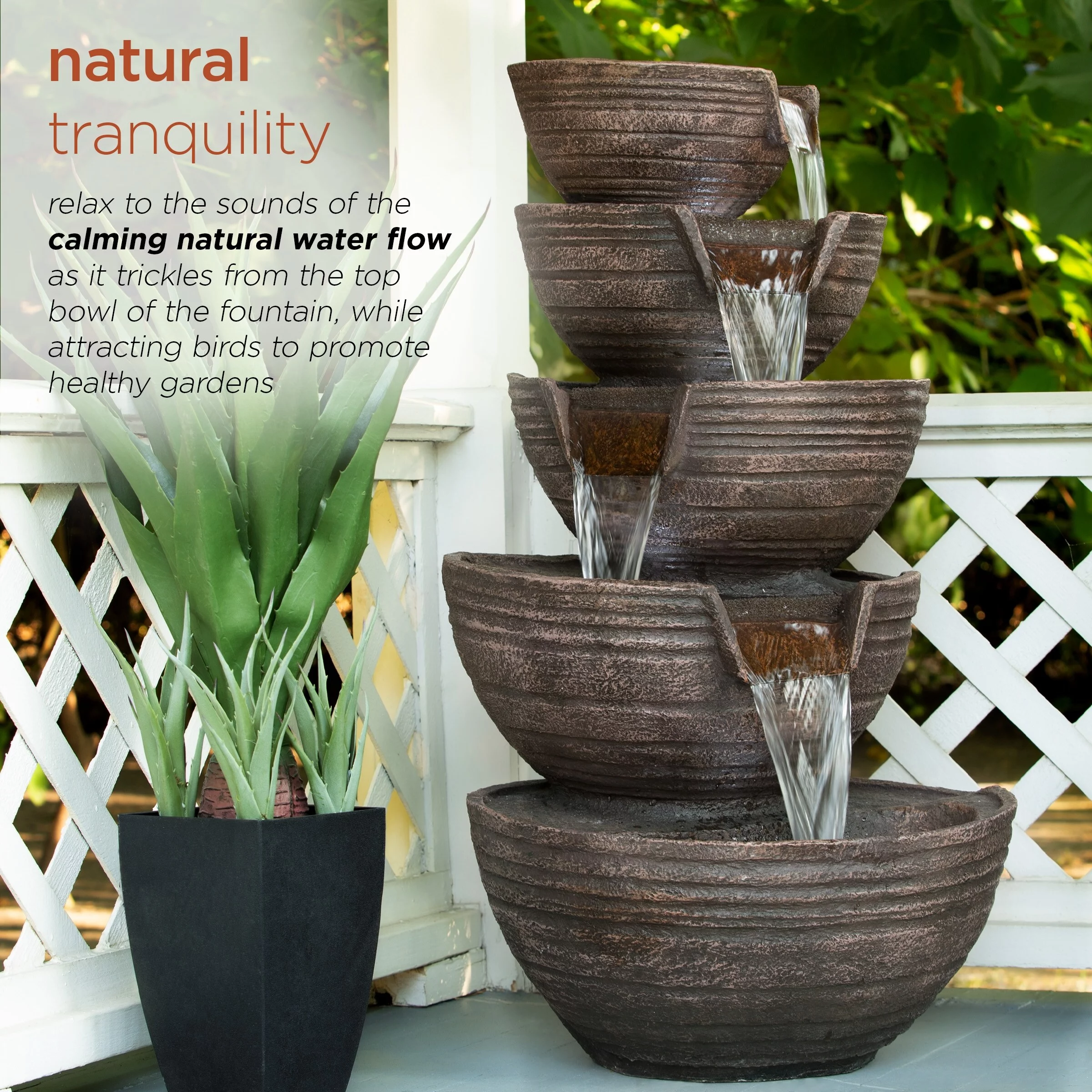Alpine Corporation  34" Tall Outdoor 5-Tier Modern Bowl Cascading Waterfall Fountain with LED Lights