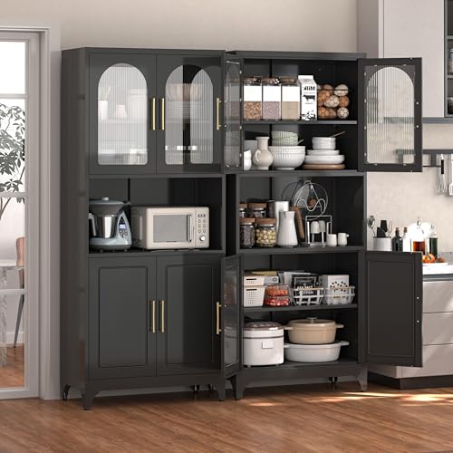 Kitchen Pantry Cabinet with Acrylic Glass Doors, 75" Metal Kitchen Hutch with Countertop, Adjustable Shelves, Freestanding Food Pantry Cabinet for Living, Dining Room, Black, Assembly Required