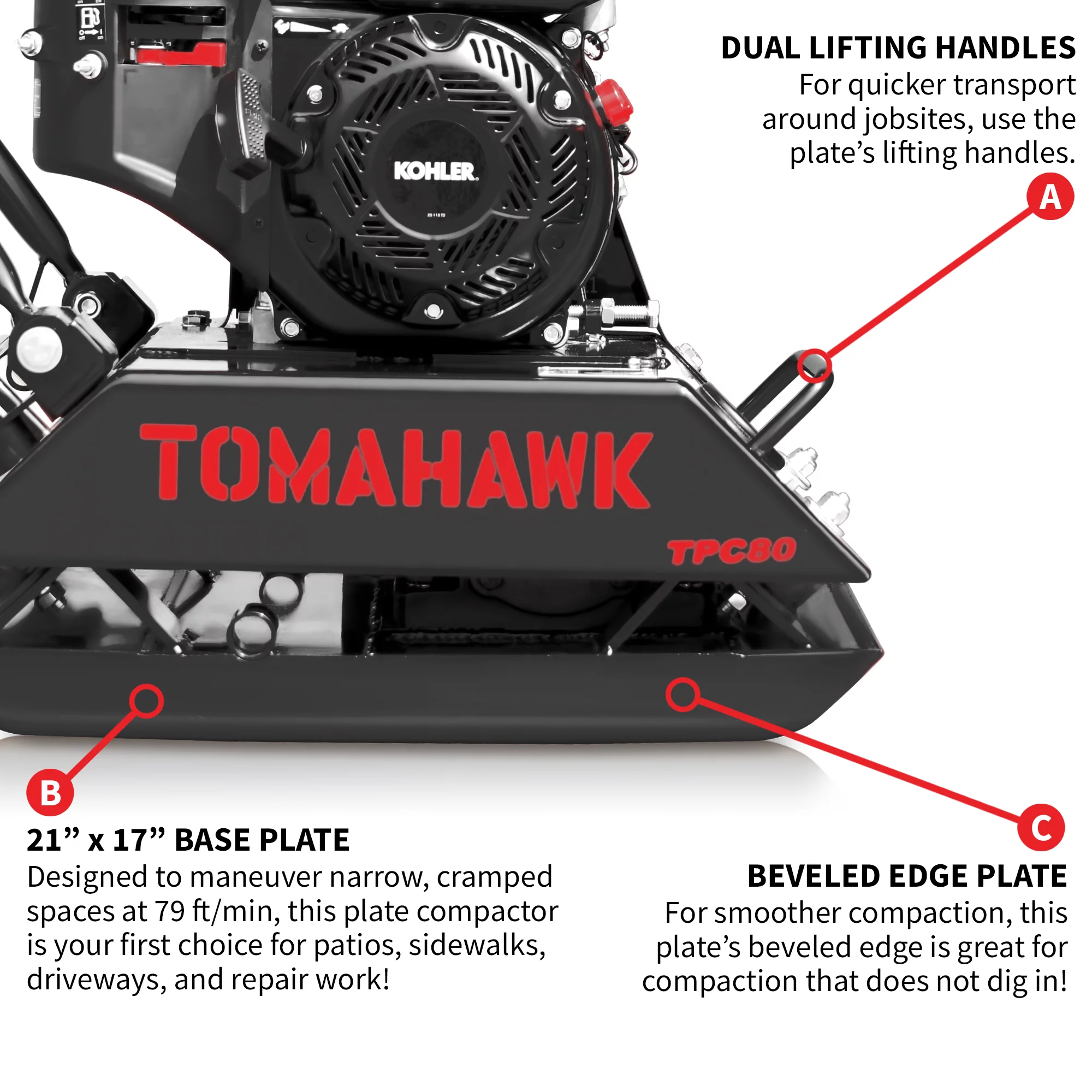 TOMAHAWK Vibratory Plate Compactor Tamper with Kohler Engine for Dirt Gravel Soil Compaction