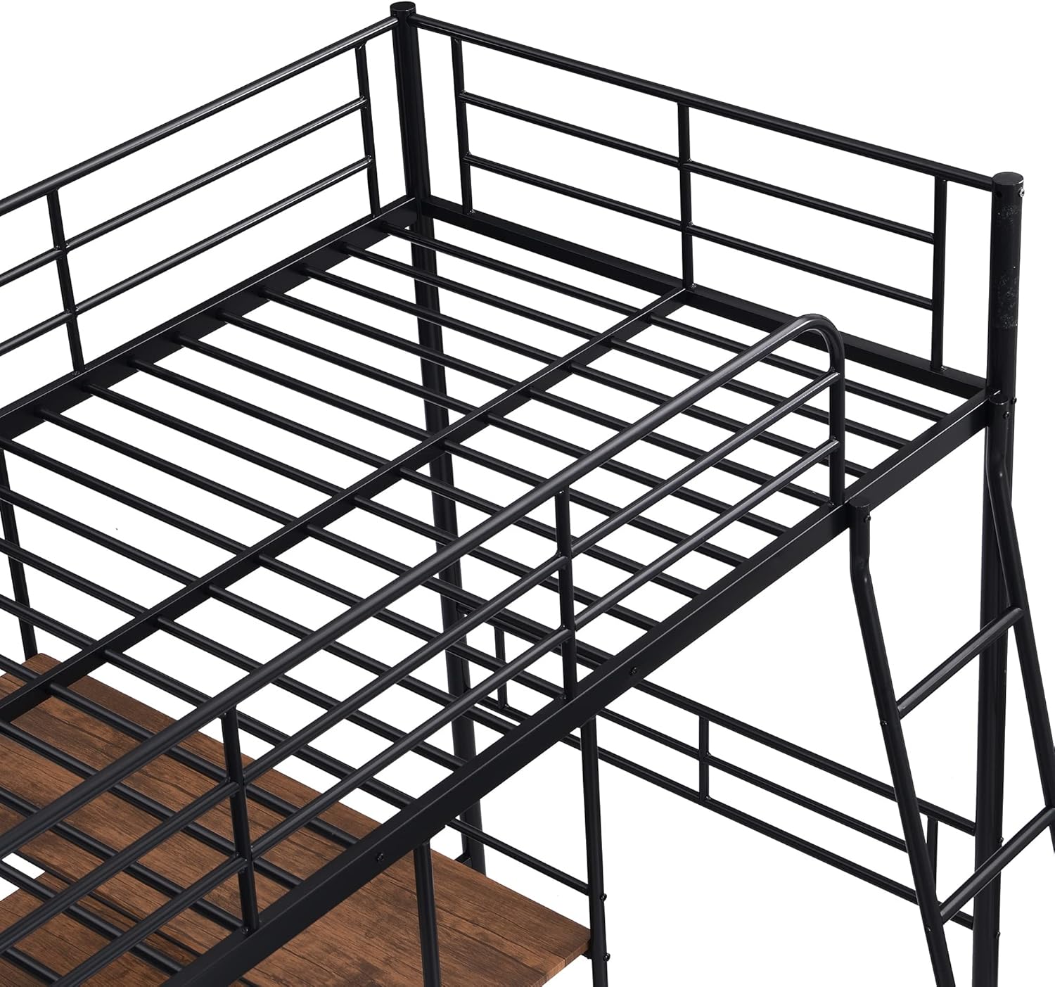 Twin Size Loft Bed with Built-in Desk and Shelves, Metal High LoftBed Frame w/Large Storage Space for Bedroom Guest Room Dorm, Black