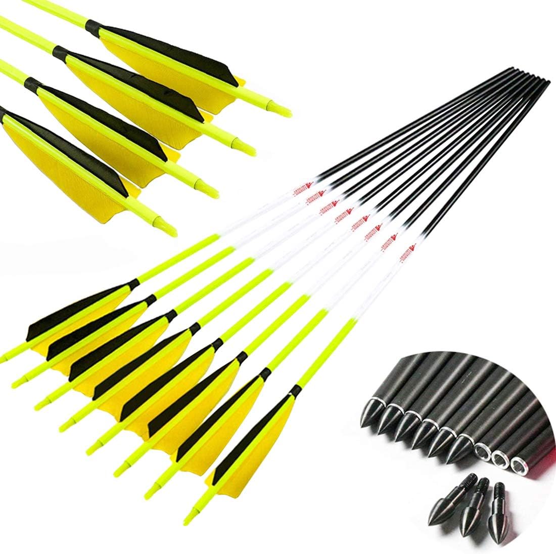 Linkboy Archery Carbon Arrows Hunting Practice Target Arrows Fluorescent with Removable Tip for Compound Recurve Long Bows, Spine 300 340 400 500 600, Pack of 6/12PCS