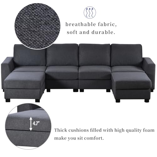 TRIPLE TREE Large U-Shaped Sectional Sofa Couch Sets with Removable Ottomans for Living Room, 131" Polyester Upholstered Couch, Modern 6 Seater Sofa Couches for Apartment Office, Gray