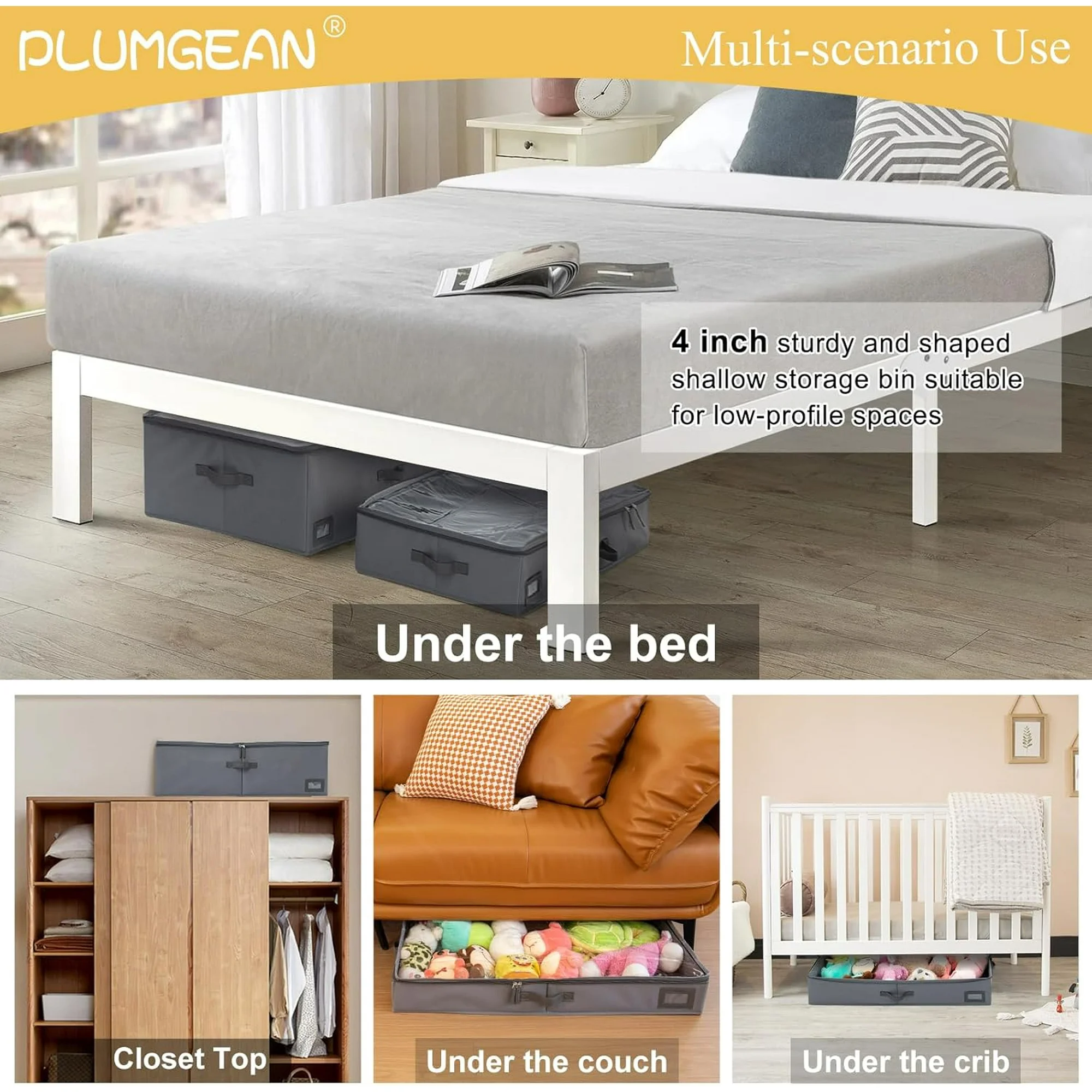 4-Inch Under Bed Storage Containers (3-Pack) | Sturdy Sidewalls | Clear Cover &amp; Label Holder | Underbed Organizer for Crib/Couch | Stores Clothing/Blankets/Wrapping Paper/Toys
