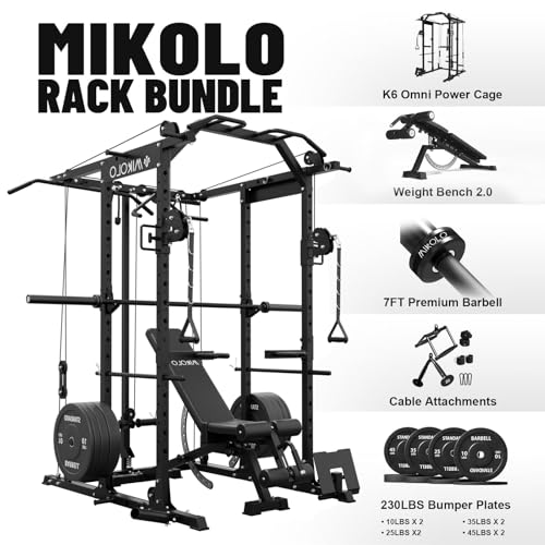 Mikolo Power Cage, Power Rack with Cable Crossover System, 1500LBS Squat Rack with LAT Pull Down System, Workout Cage with Pulley System for Fitness Home Gym
