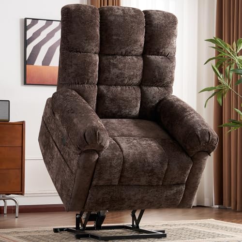 Oversized Power Lift Recliner Chair for Elderly, Extra Wide Lift Chair with Masssage and Heat, Chenille Electric Recliner Chairs for Big and Tall, USB Ports, Coffee