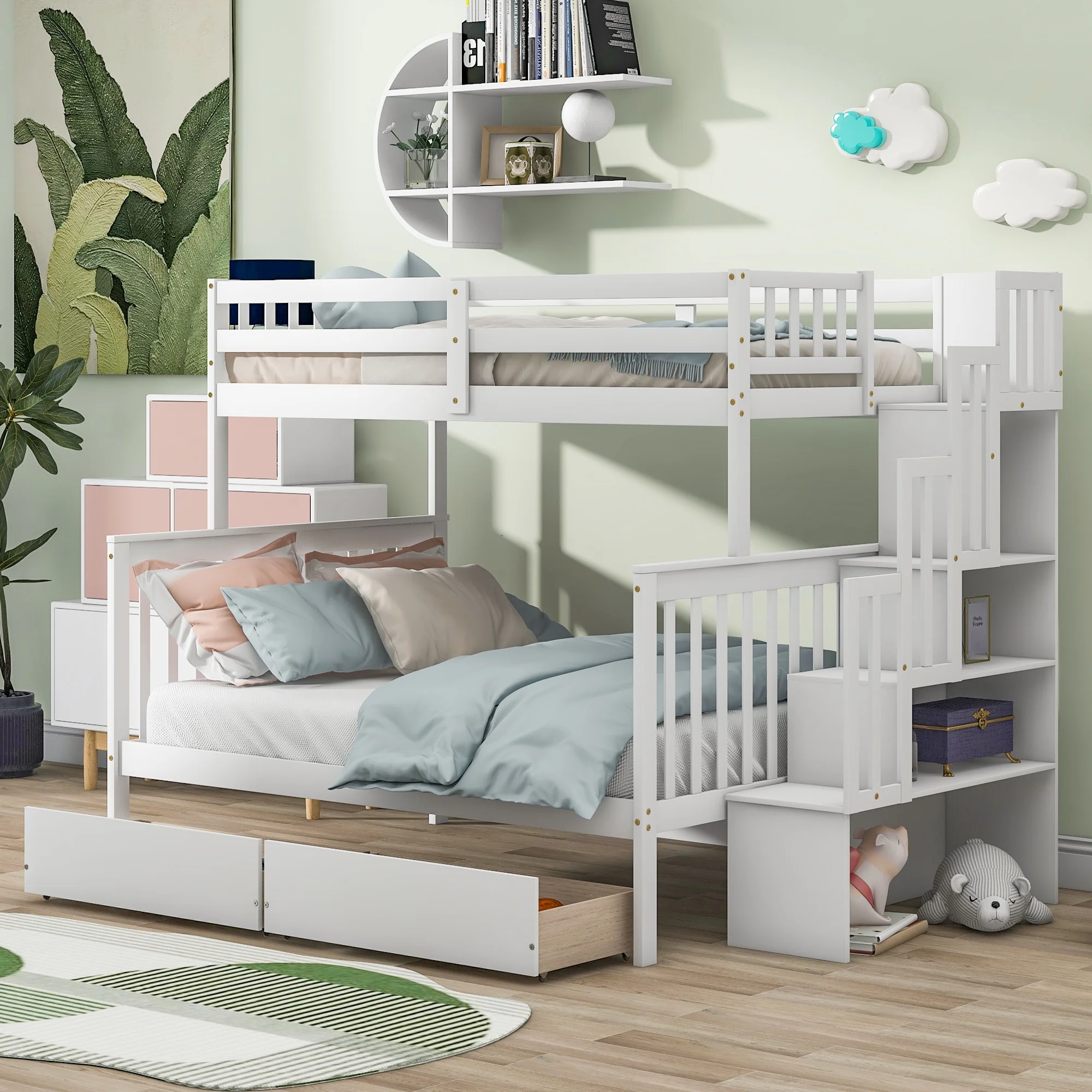 Twin Bunk Bed with 2 Drawers and Stairs, Converts to 2 Beds, Bunk Bed with Stairs and Safety Grabs, Fits Kids, Teens, Adults, White, Dimensions 93.5” x 57.9” x 65.7”