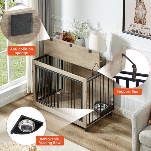 Large Dog Kennel Furniture -Adjustable Raised Feeder for Dogs with 1 Stainless Steel Bowls -End Table Dog House Spacious and Stylish Crate for Your Beloved Companion (43Inch Grey)