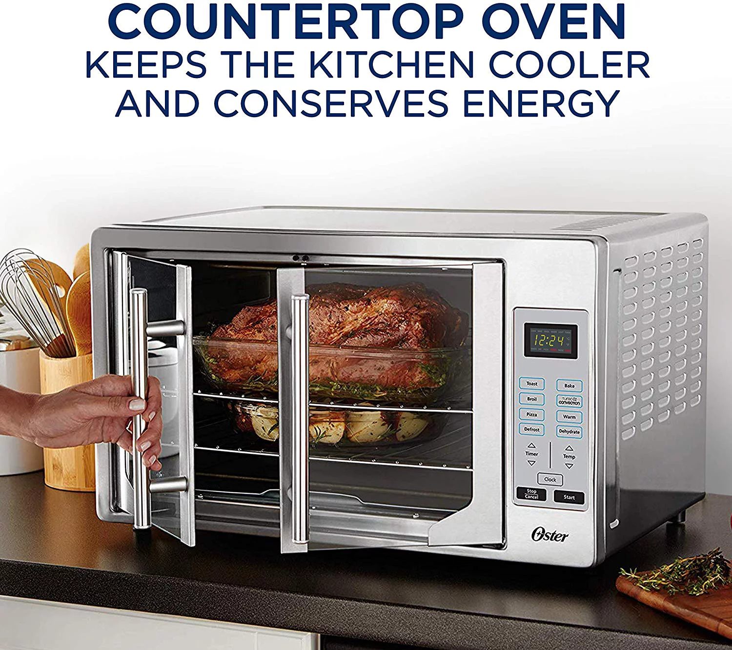Oster Air Fryer Oven  10-in-1 Countertop Toaster Oven  XL Fits 2 16" Pizzas  Stainless Steel French Doors