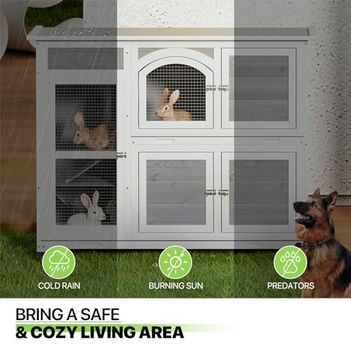 Magshion Rabbit Hutch Outdoor, 47.5" 2 Story Bunny House Cage Indoor on Wheels with 2 Removable Tray Waterproof Roof
