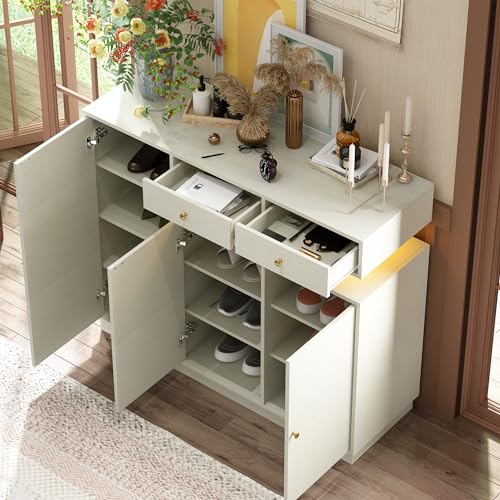 AIEGLE Shoe Cabinet with LED Light, Entryway Storage Cabinet with 3 Doors and 2 Drawers, Freestanding Space-saving Shoe Rack Organizer Cabinet for Hallway, Living Room, Light Grey
