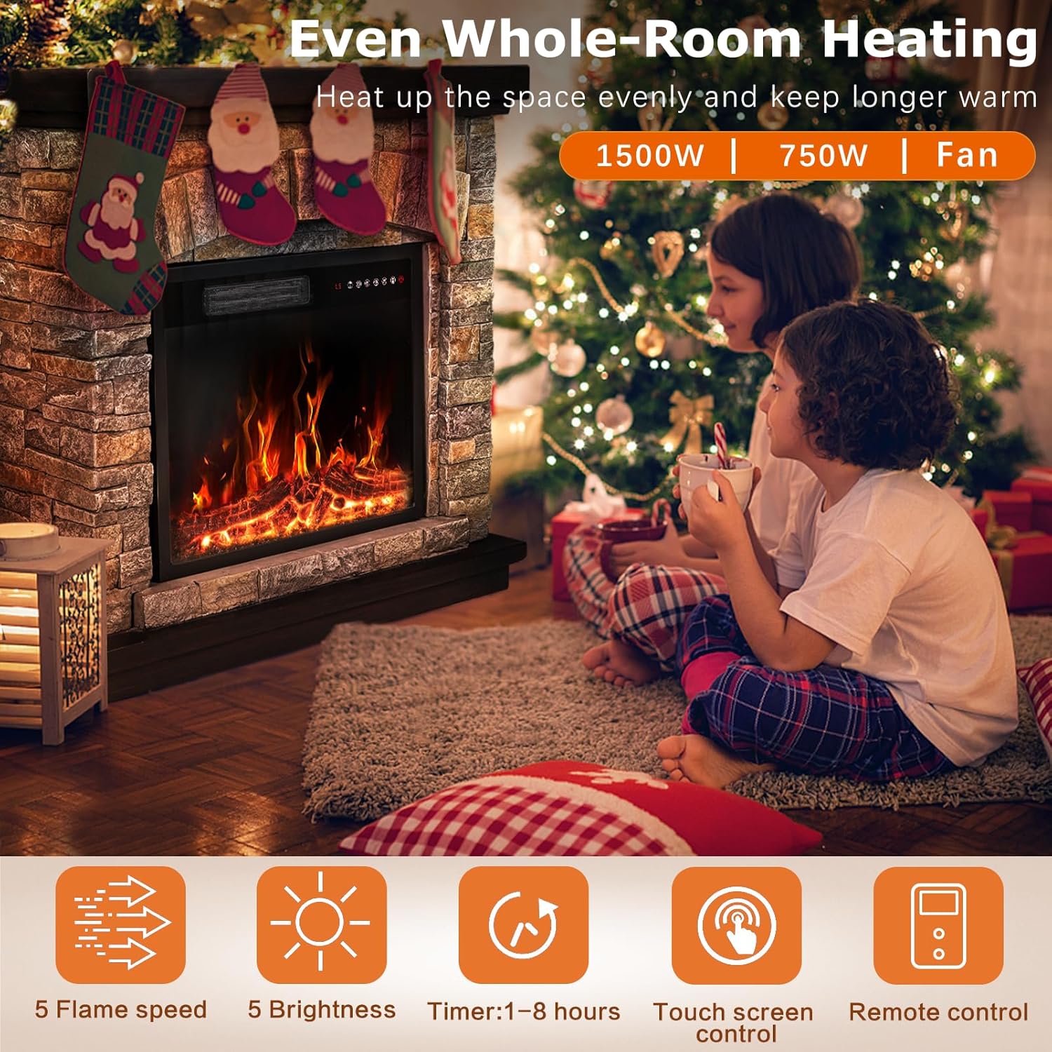 PUKAMI Electric Fireplace with Mantel, 36 inch Freestanding Stone Fireplace Heater TV Stand with Remote Control, Realistic Flame Effect and 3D Log, 750W/1500W