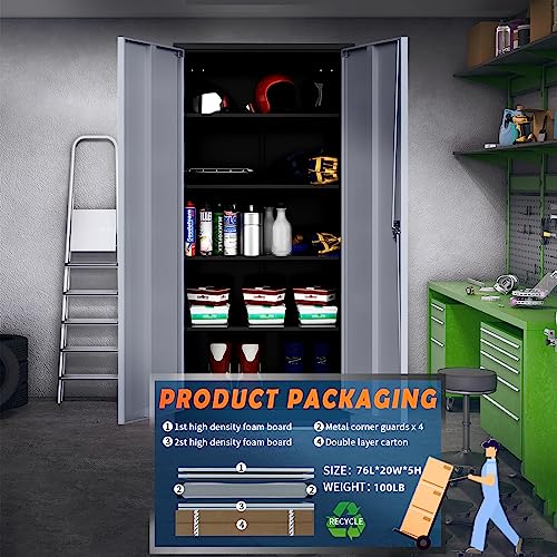Yizosh Metal Garage Storage Cabinet with 2 Doors and 5 Adjustable Shelves - 71" Steel Lockable File Cabinet,Locking Tool Cabinets for Office,Home,Garage,Gym,School (Gray White)