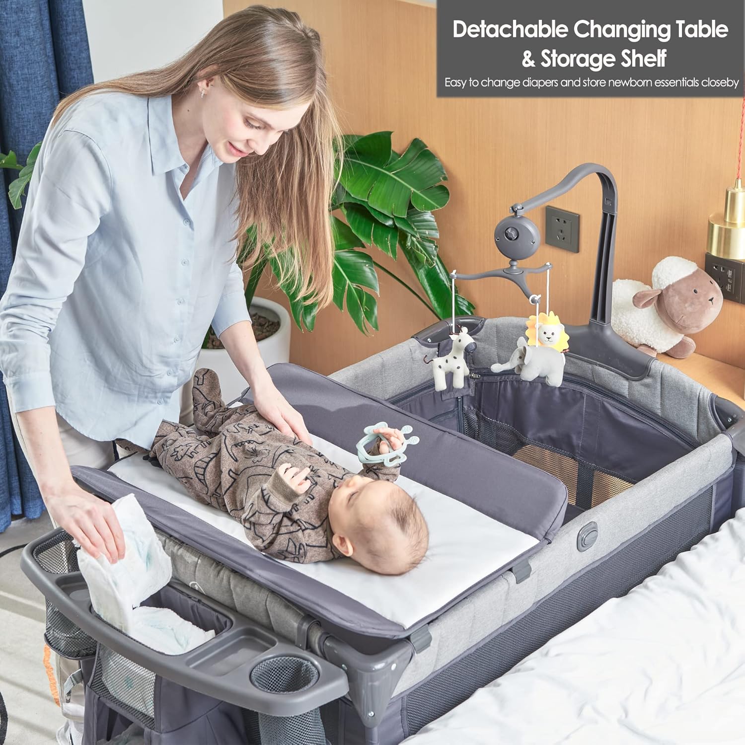 Baby Bassinet Bedside Bassinet Sleeper, 5-in-1 Pack and Play with Full-Size Bassinet,Baby Playard with Changing Table,Storage Shelf,Music Mobile with Soft Toys for Newborn to Toddlers (Grey)
