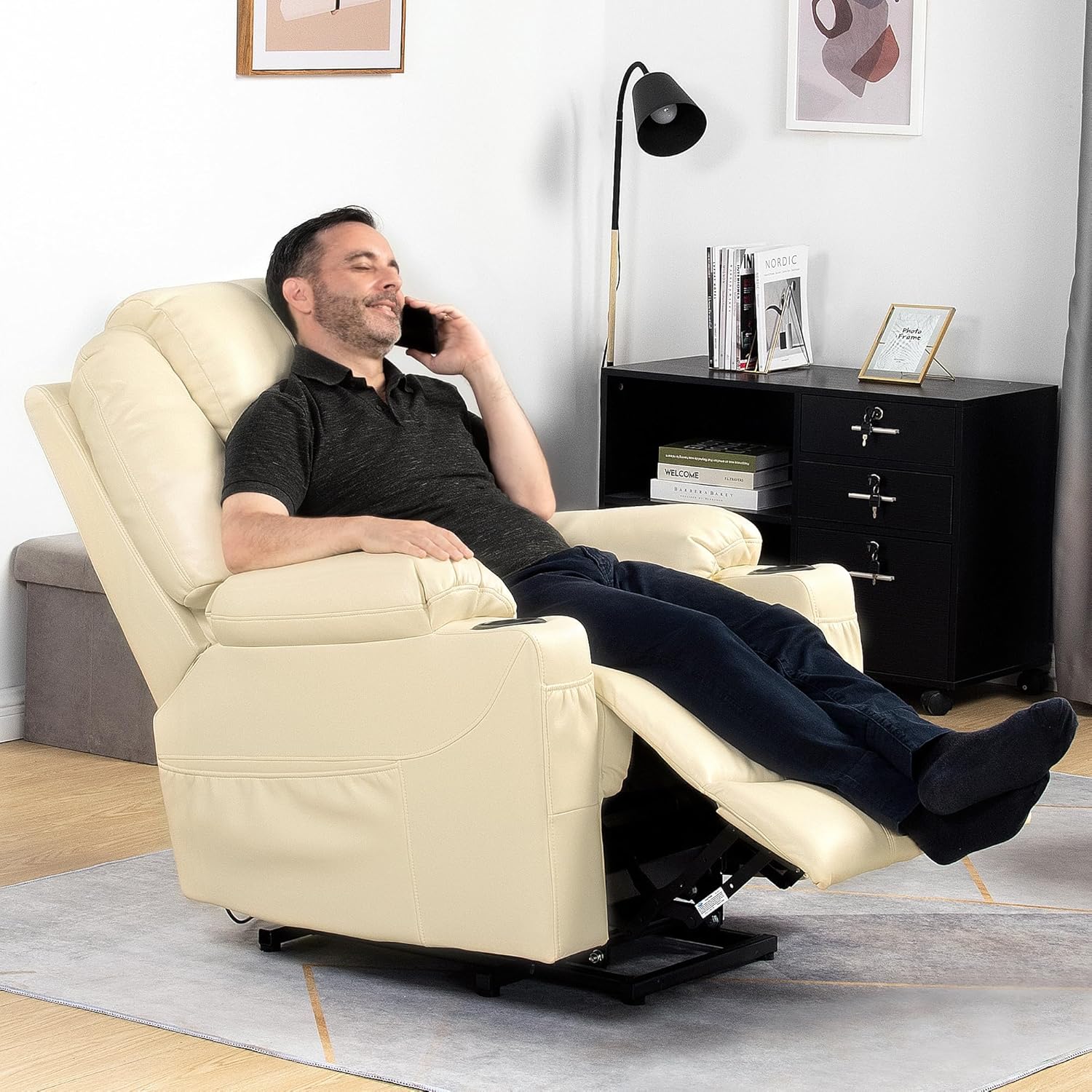 YITAHOME PU Power Lift Recliner Chair with Massgae and Heat for Elderly, Lift Chair with Remote Control for Living Room, with 2 Cup Holders Side Pockets, Off White3