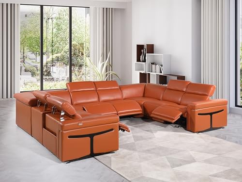 Riccardo 8-Piece Italian Leather U Shaped Sectional Couch with 4-Power Reclining Sofa Seats, Adjustable Headrests, and USB Chargers, Wall Hugger for Small Spaces, Dark Grey