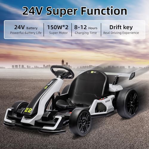 24V Electric Go Kart,300W Powerful Drift Kart for Kids, Electric Pedal Kart,with 300W Strong Motor, Drift/Sport Mode, Big Battery, Eva Tire,Length Adjustmen for Outdoor Racing Toy-White
