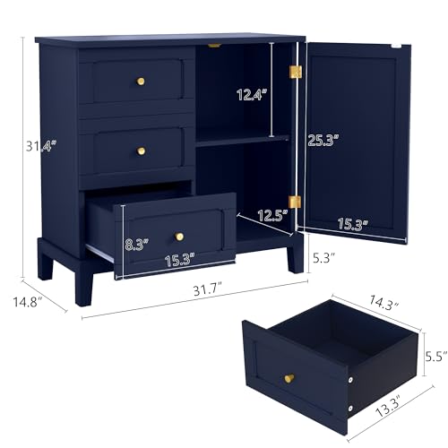 HLR Accent Cabinet with 3 Drawers and Door, Wooden Storage Cabinet with Shelves, Sideboard for Living Room, Entryway, Green