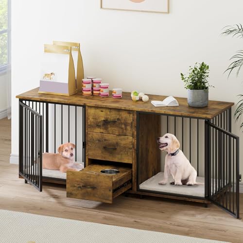 YITAHOME 74" Double Dog Crate Furniture with 2 Feeder Bowls, Wooden Dog Kennel TV Stand with Room Divider for 2 Large Medium Small Dogs, Walnut White