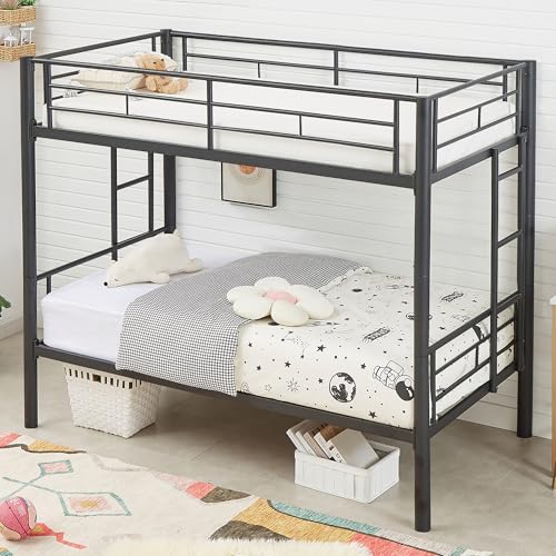 VECELO Metal Loft Bed Twin Size, Heavy Duty Bedframe with Removable Ladder and Safety Guardrail, Space-Saving, Noise Free, No Box Spring Needed, Off White