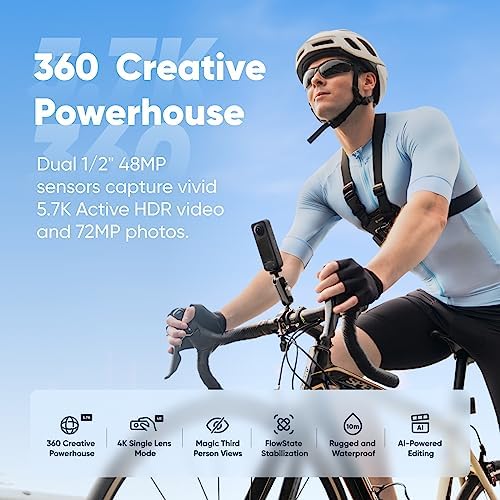 Insta360 X3 Get-Set Kit- Waterproof 360 Action Camera with 1/2" 48MP Sensors, 5.7K 360 Active HDR Video, 72MP 360 Photo, 4K Single-Lens, 60fps Me Mode, Stabilization, 2.29" Touchscreen, AI Editing