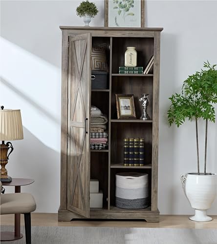 Farmhouse Wooden Tall Storage Cabinet Barn Door Pantry Kitchen Storage Furniture Home Drawer Rack with Doors and Open Shelves for Kitchen Living Room Bedroom (Gray Wash)