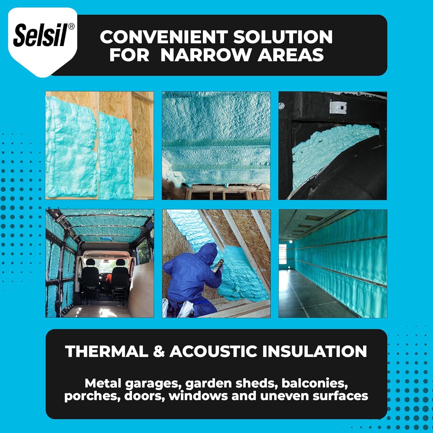 Selsil Spray Foam Insulation (12 Pack) - Thermal & Sound Spray Insulation Foam in a Can for Walls, Roof, Hard-to-Reach Areas - Covers Up to 240 Board Feet, 25 oz x 12, Turquoise