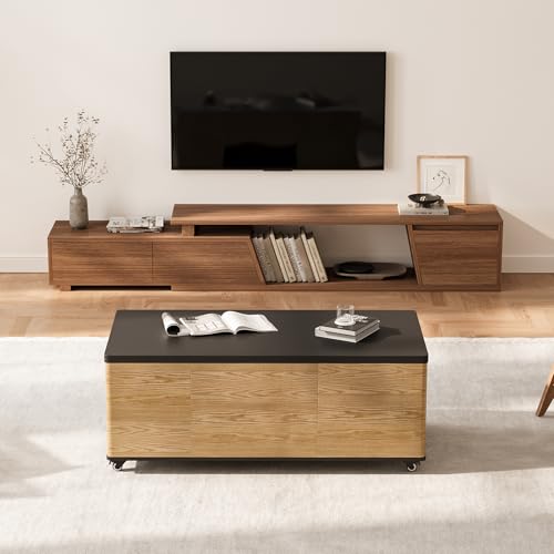 homary Black Lift-Top Coffee Table with Hidden Storage, 3-in-1 Modern Folding Center Table with 4 Stools, Casters, and Lockable Wheels – Convertible Dining & Office Table for Living Room