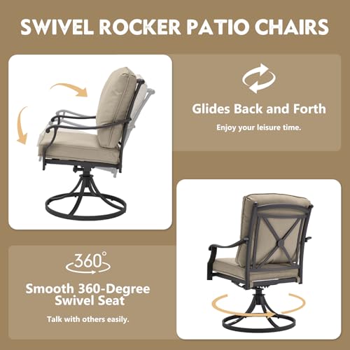 EROMMY Patio Swivel Chair Set of 2, Heavy Duty Outdoor Dining Chairs with Thickened Cushions, Metal Patio Chairs Gentle Rocker for Outside, Garden Lawn & Porch, Backyard, Red
