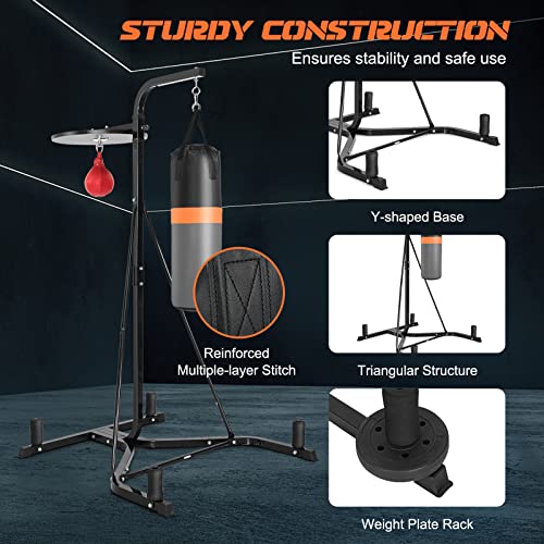 GYMAX Punching Bag with Stand Adult, Freestanding Boxing Machine with Height Adjustable Speed Ball & Sandbag, Pre Filled Heavy Punching Bag for Adults, Kickboxing Bag for Training MMA Muay Thai