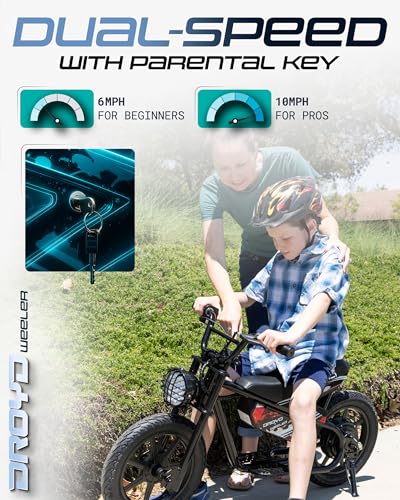 Droyd Weeler Electric Mini Bike for Kids, 200W Motor w 2 Speed Settings (10 Mph & 6 Mph), 24V 8Ah Battery for 8 Miles Range, Rear Disc Brake, and 15" Tires, Safe & Fun E Bike for Ages 6+