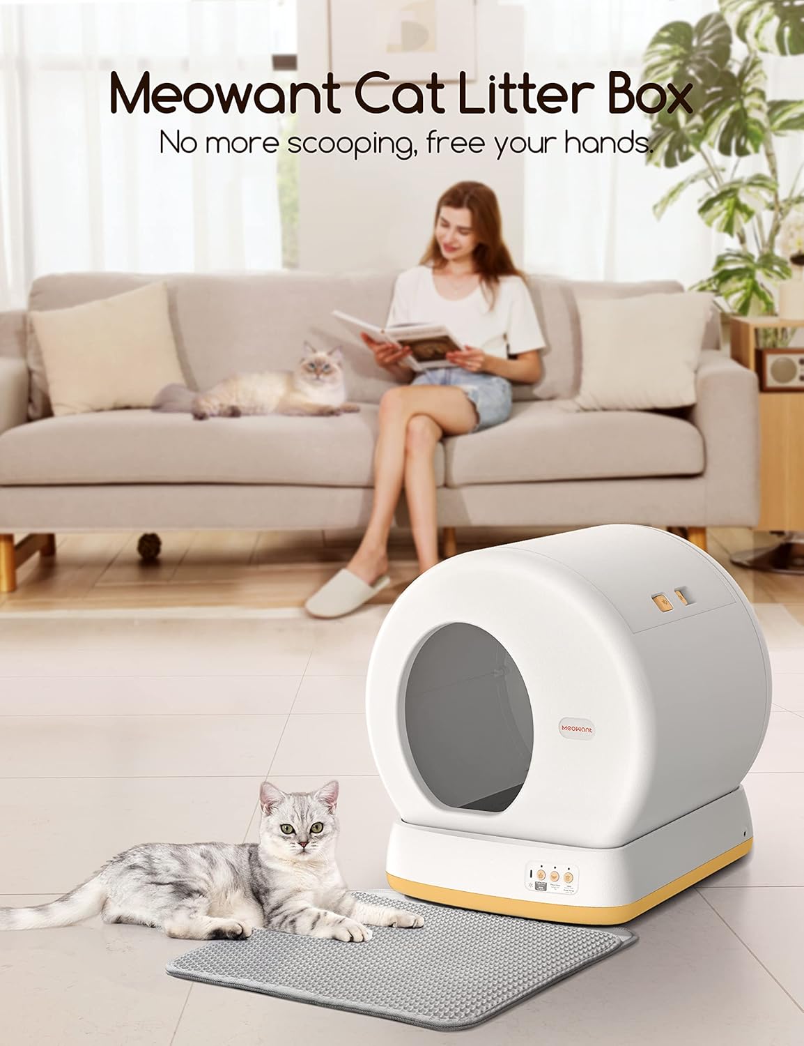 MeoWant Self-Cleaning Cat Litter Box-Yellow, Advanced Safety System Automatic Cat Litter Box Perfect for Multi Cats, Extra Large/Odor Control/APP Control Smart Cat Litter Box with Mat & Liner
