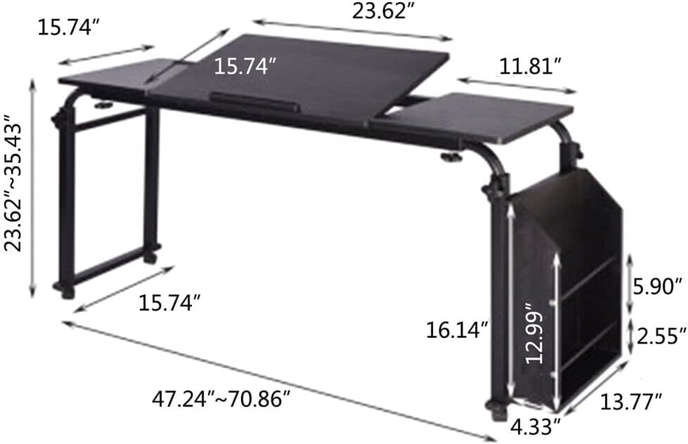 Cross-Bed Stretchable Overbed Tables,Laptop Desk with Wheels,Bed Tables Adjustable Height and Length Over The Bed,with Adjustable tilt Table top and Storage Storage