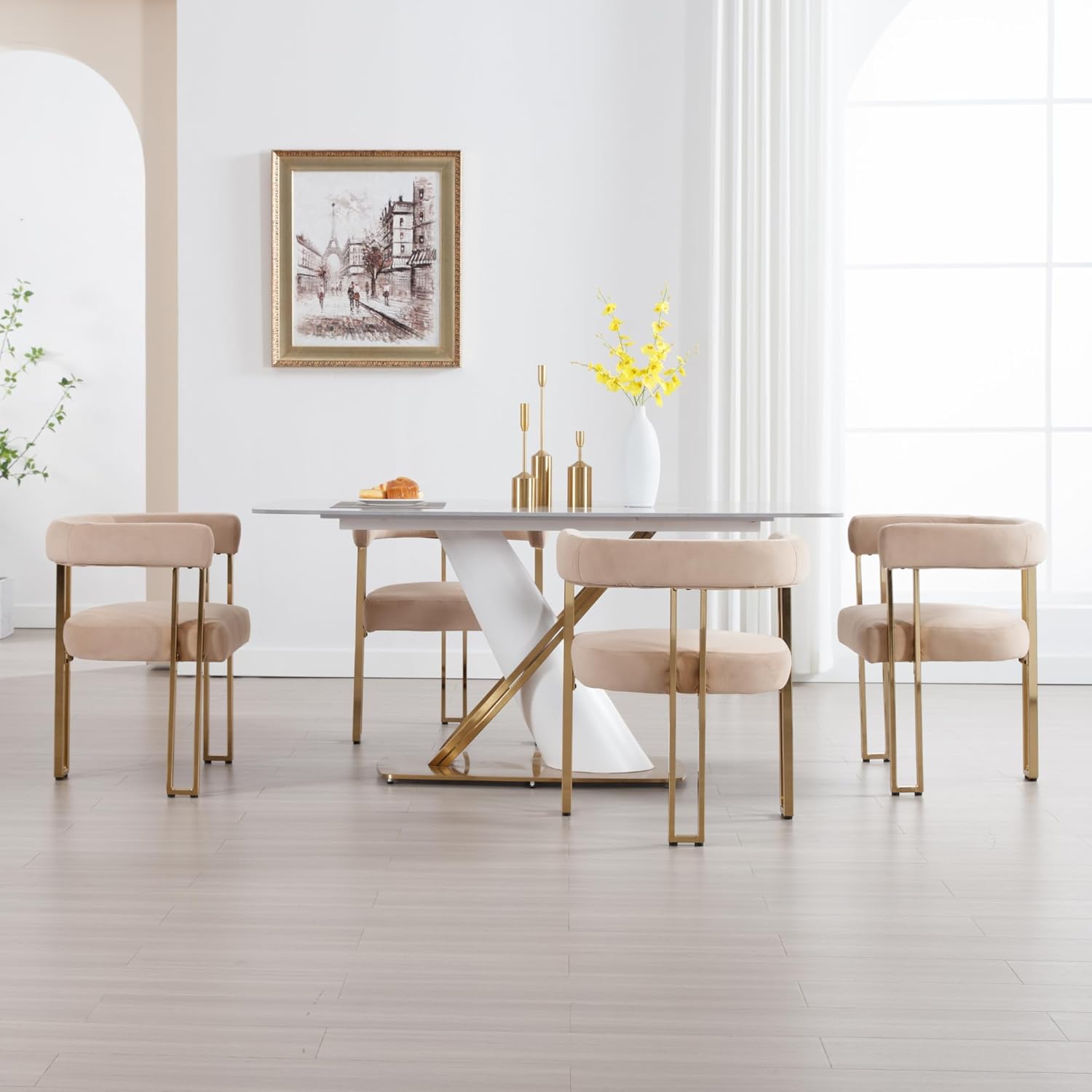 chairus Dining Chairs Set of 6, Modern Dining Chairs upholstered Kitchen Chairs Gold Metal Boucle Dining Chair with Hollow Back for Kitchen Dinning Room Restaurant - Velvet, Khaki