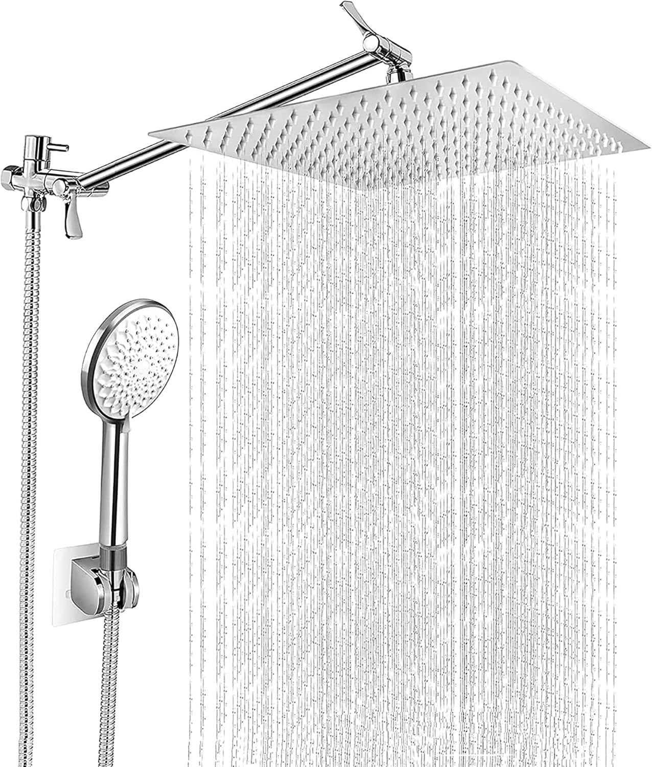 12 Inch Square Rain Shower Head with Handheld Shower Combo, High-Pressure Rainfall Shower Head with 13.5" Extension Arm, 6-Setting Handheld Showerhead with Hose & Holder (12") Pack of 2
