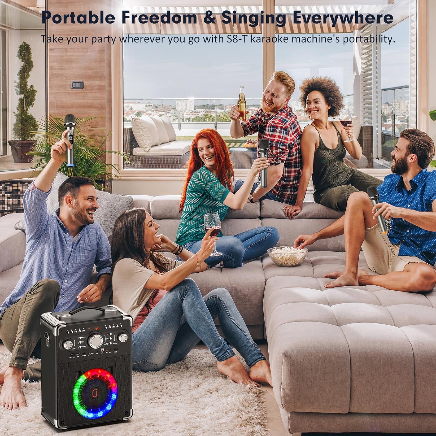 Karaoke Machine, Bluetooth Speaker with 3 Wireless Microphones, Portable PA System for Party/Adults/Kids with Disco Lights & Remote Contro, Support TWS/USB/TF Card/AUX/REC S8-T