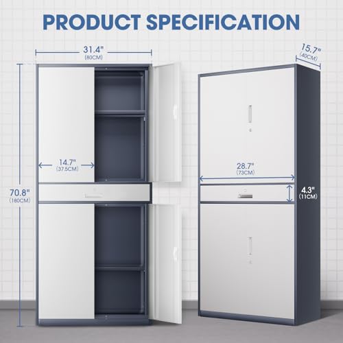 DNA MOTORING 71'' Metal Storage Cabinet, Locking Tool Cabinet with 1 Drawer and Adjustable Shelves, Lockable Heavy Duty Metal Locker for Garage,Office,Home,Gym, Gray, TOOLS-00629-GY-GY-A