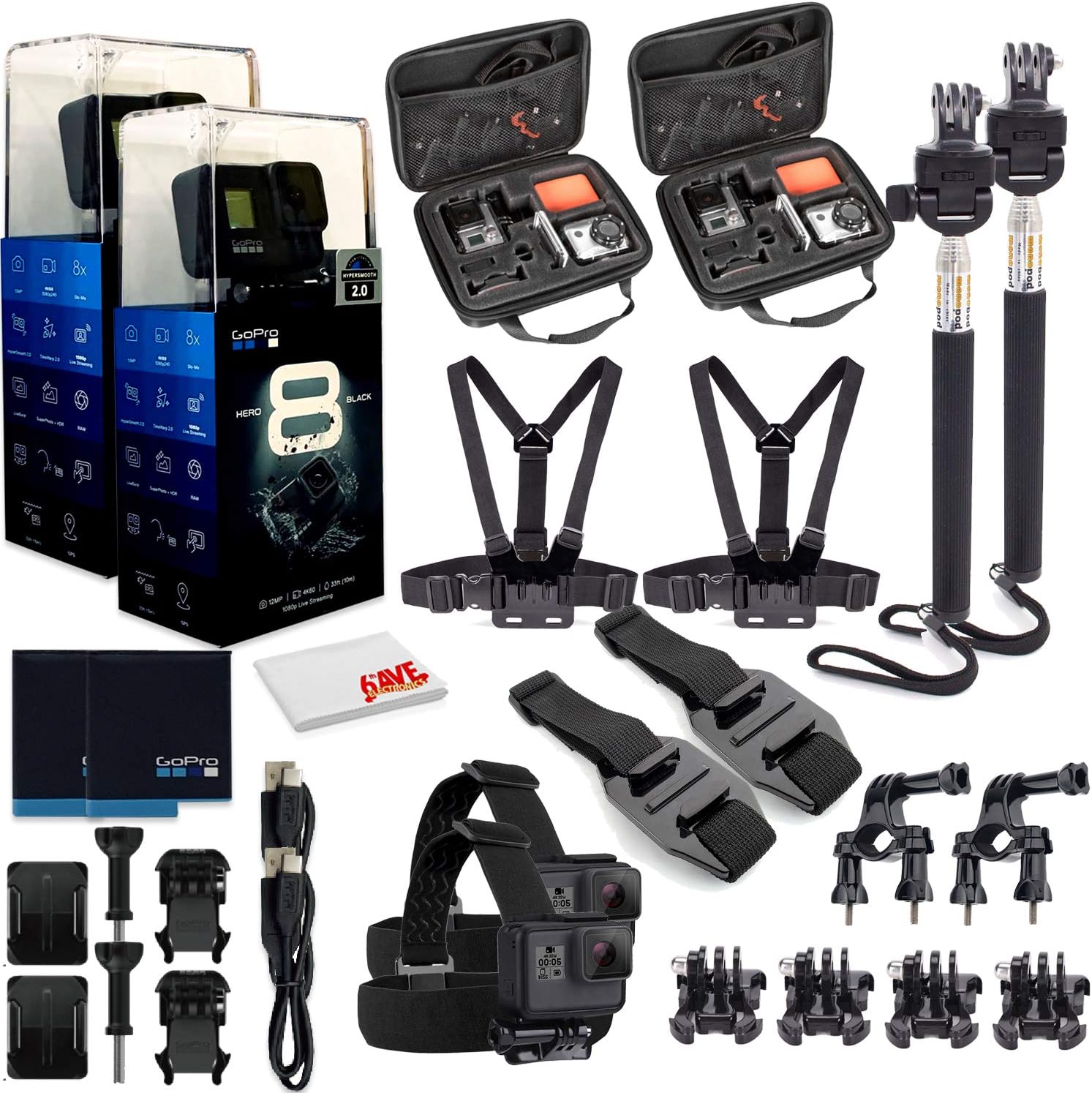 GoPro HERO8 Black Digital Action Camera - Waterproof, Touch Screen, 4K UHD Video, 12MP Photos, Live Streaming, Stabilization - with Mega Accessory Kit - All You Need Bundle - 2 Pack