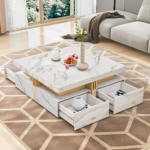 Modern Round Lift-top Nesting Coffee Tables with 2 Drawers for Living Room White & Natural