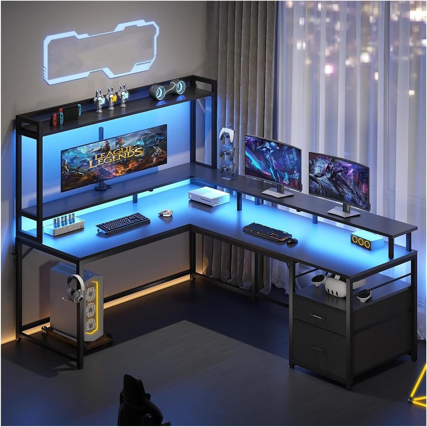 New Modern Black 67" L Shaped Desk Computer Monitor Shelf Two Person Cabinet File Drawer Storage Shelves Led Lights Corner Reversible Office Study Home 67”L x 47.2”W x 62.2”H of Set