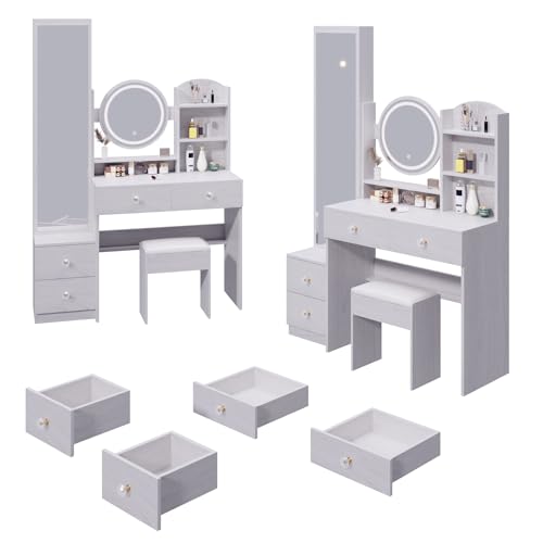 Makeup Vanity Set Touch Control 3 Color Brightness Adjustable Lights Mirror Dressing Table Set with Full Body Mirror Make up Desk with Cabinet Stool Simple Fashionable White Oak