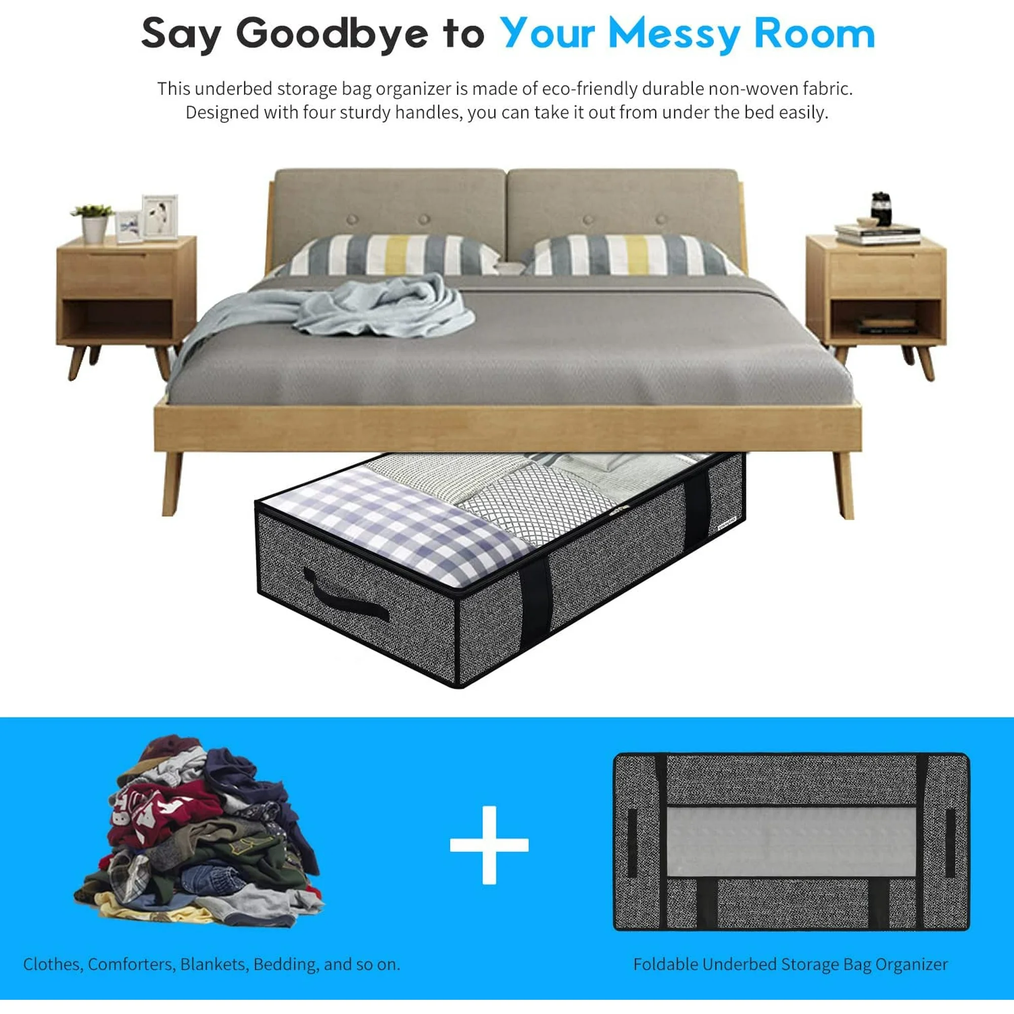 Foldable Underbed Bags - Blankets Clothes Comforters Storage Bag Breathable Zippered Organizer for Bedroom with Clear Window