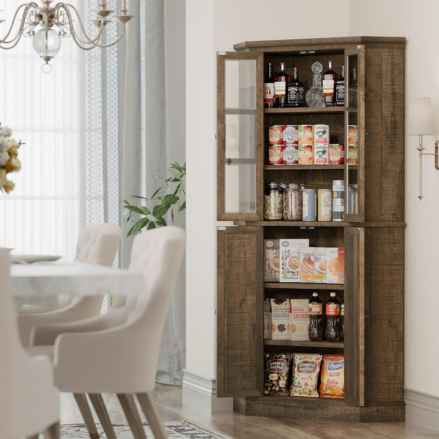 Corner Storage Cabinet, 67" Kitchen Corner Pantry Cabinet with Glass Doors, Farmhouse Tall Corner Curio Display Cabinet with Adjustable Shelves for Dining Room, Living Room, Rustic Brown