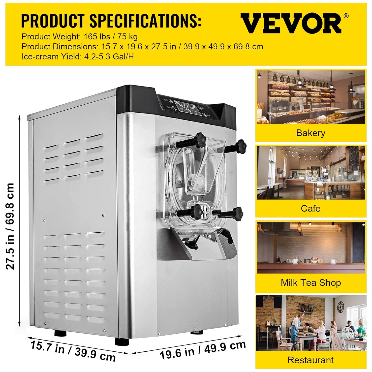 VEVOR Commercial Ice Cream Machine 1400W 20/5.3 Gph Hard Serve Ice Cream Maker with LED Display Screen Auto Shut-Off Timer One Flavors Perfect for Restaurants Snack bar Supermarkets
