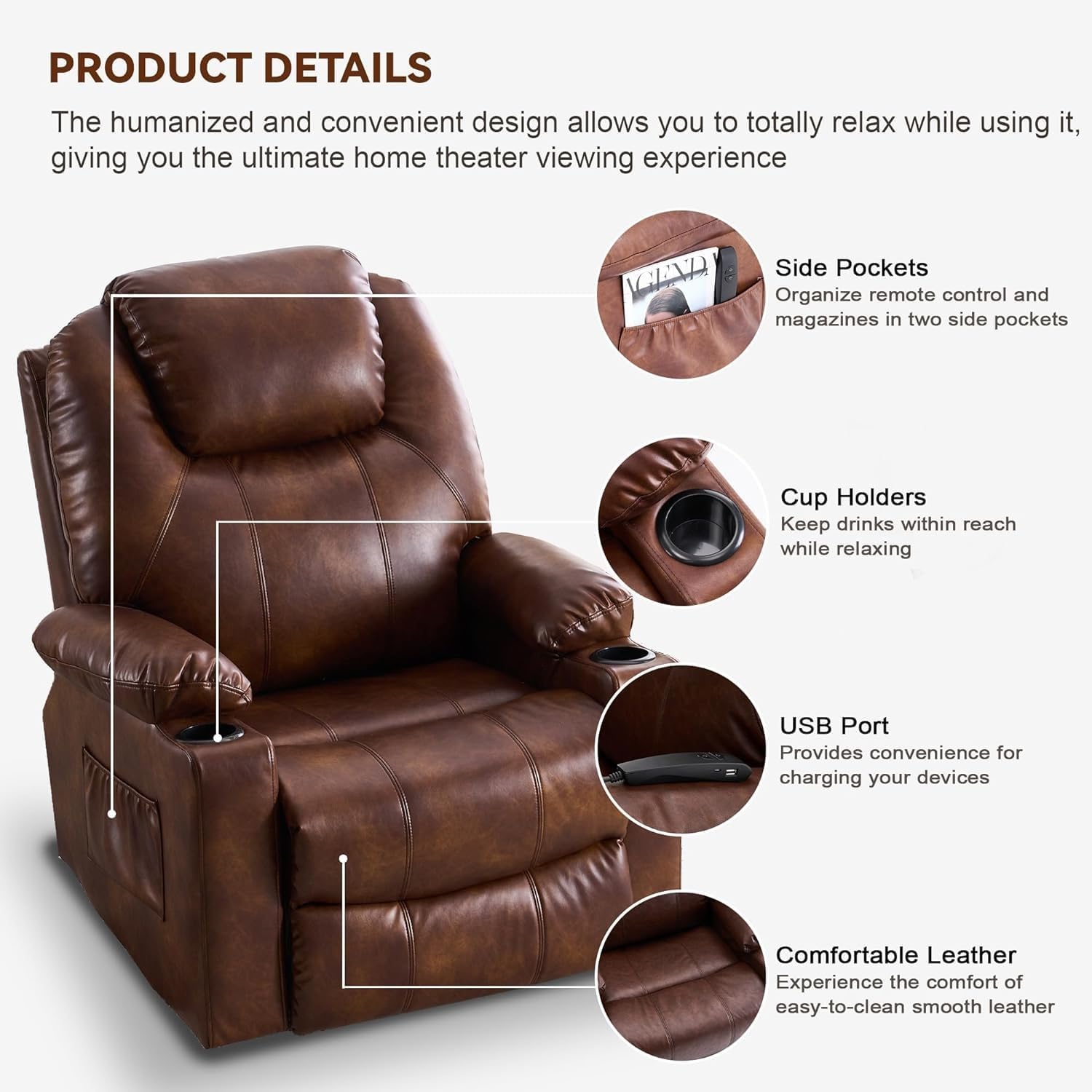 Power Lift Recliner Chair with Massage and Heat for Elderly, Microfiber PU Leather Electric Lift Recliner Chairs for Seniors Home Living Room, Side Pockets,USB Port,Remote Control