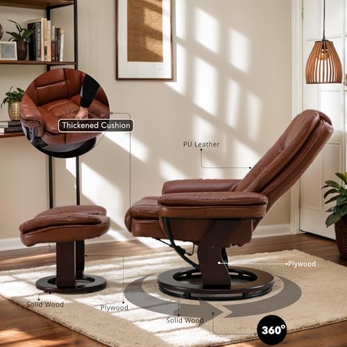 JC Home Argus Swivel Recliner with Ottoman, PU Leather & Wood Base Reclining Chair with Footrest, Ultra-Plush Double Foam for Living Room, Bedroom and Office