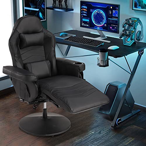 Reclining Gaming Chair - Gaming Recliner Chairs for Adults - PU Leather Gaming Chair with Massage, Swivel Gaming Recliner Chair with Adjustable Height, Lumbar Support, Side Pouch (Blue)