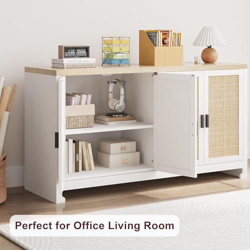 IDEALHOUSE Buffet Cabinet, Rattan Storage Cabinet with 4 Doors and Shelf, Sideboard Buffet Cabinet with Storage, Accent Cabinet Console for Dining Room, Living Room, Hallway (White)
