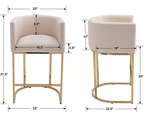 Contemporary Cream Linen Bar Stools Set of 3, 29" Upholstered Fabric Counter Height Barstools Kitchen Counter Island Stools with Screwed Together Golden Metal Base