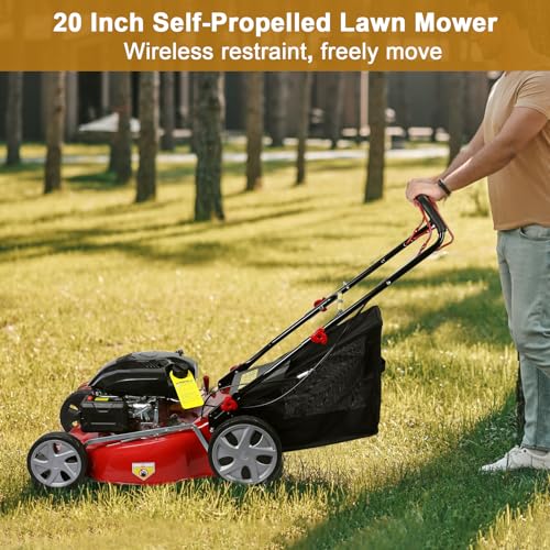 20-Inch Gas Push Lawn Mower | 141CC 4-Cycle Engine | Self Propelled Lawn Mower | Side Discharge | High Rear Wheels | 7-Position Single Wheel Height Adjustment (Red)
