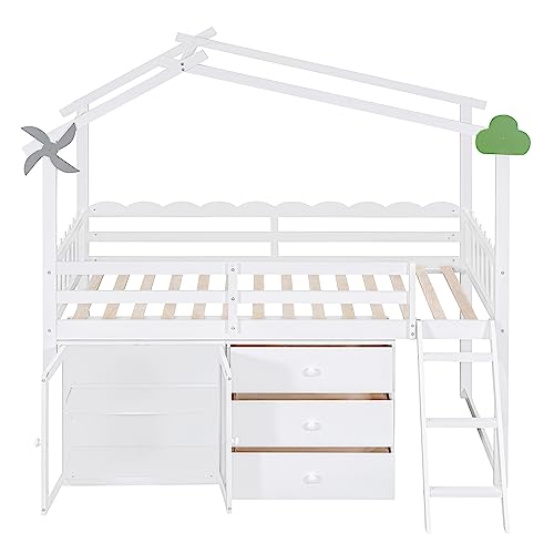 CITYLIGHT Twin Size House Loft Bed with Storage Cabinet and 3 Drawers, Wood Loft Bed Twin with Roof, Blackboards and Guardrail, Kids Playhouse Bed Twin for Teens, Boys, Girls, Grey